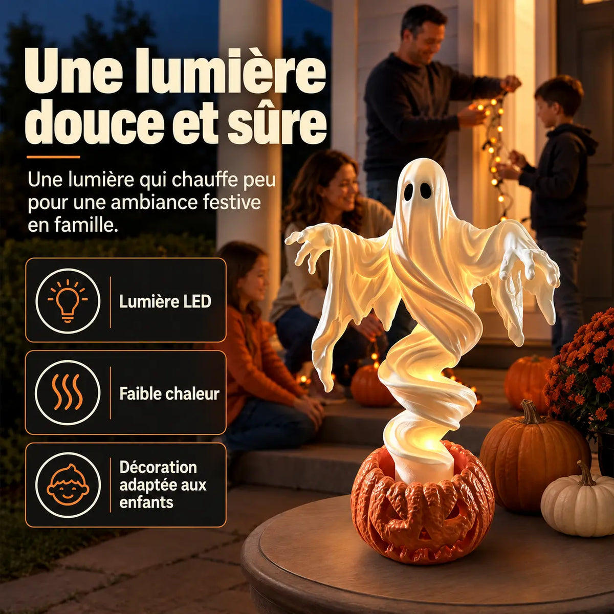 Lampe Halloween Fantôme et Citrouille Rotative – Décoration Jardin LED