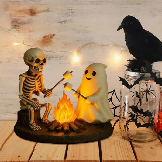 Veilleuse feu de camp squelette et fantôme en résine, Halloween