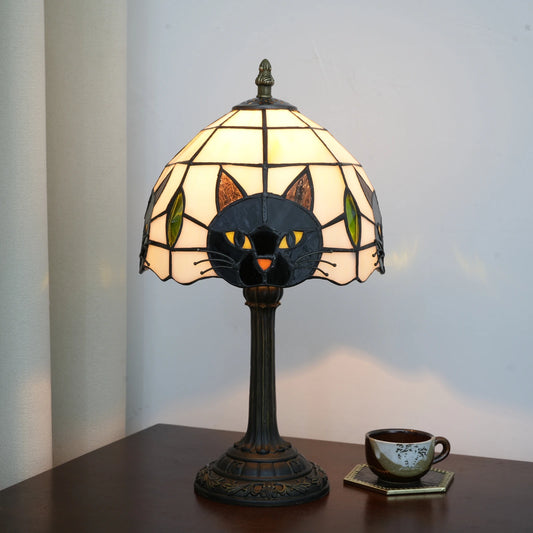 Lampe de chevet chat noir avec abat-jour en vitrail style Tiffany
