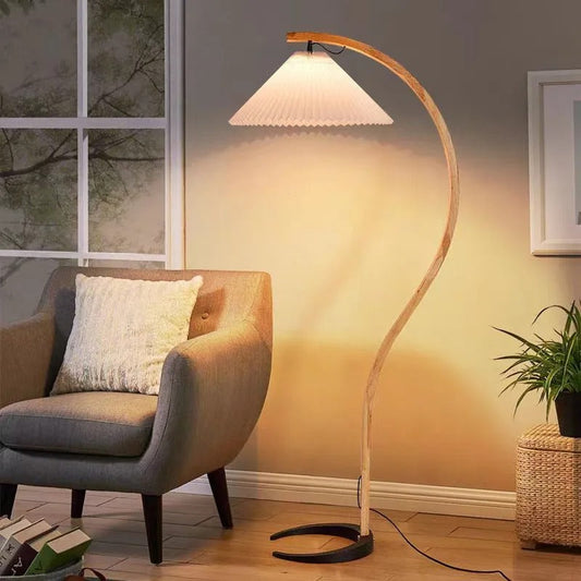Lampadaire de Salon en Bois Massif et Abat-jour Tissu
