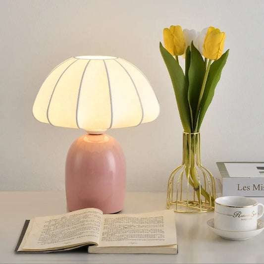 Lampe à Poser en Céramique et Abat-jour Tissu