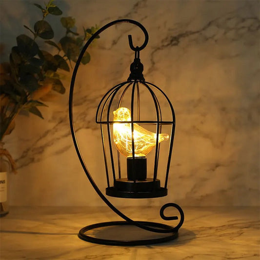 Lampe Cage à Oiseau en Métal Noir – Fonctionne sur Piles