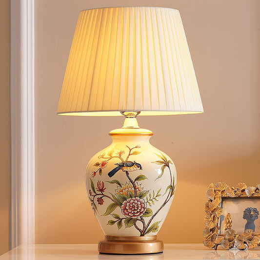 Lampe de chevet céramique à motifs floraux et oiseau