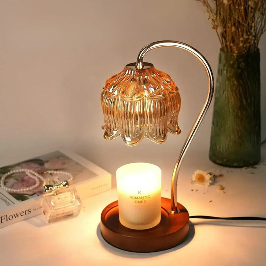 Lampe Chauffe-Bougie en Bois, Verre et Métal