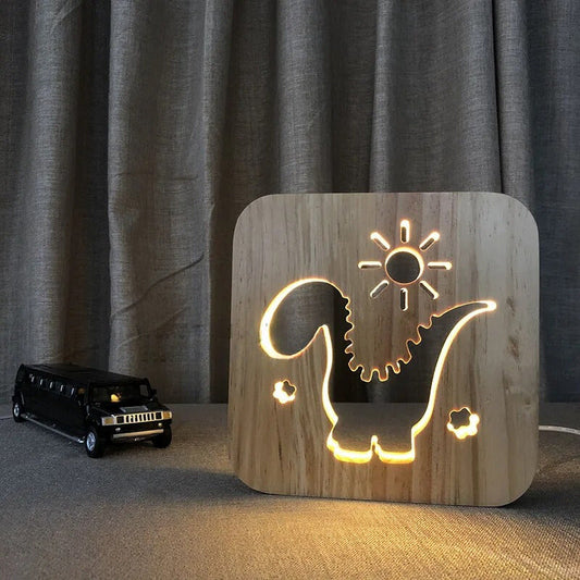 Lampe de chevet dinosaure en bois – Veilleuse LED