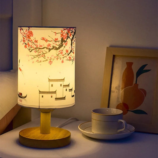 Lampe de Chevet Japonaise en Bois et Tissu