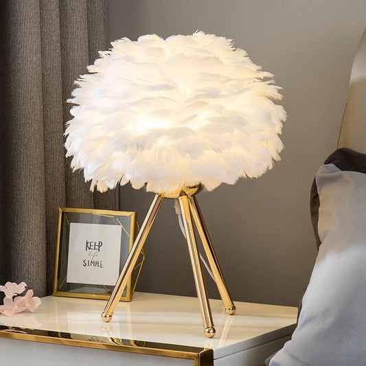 Lampe de Chevet en Plumes d'Oie – Pied Métal Doré
