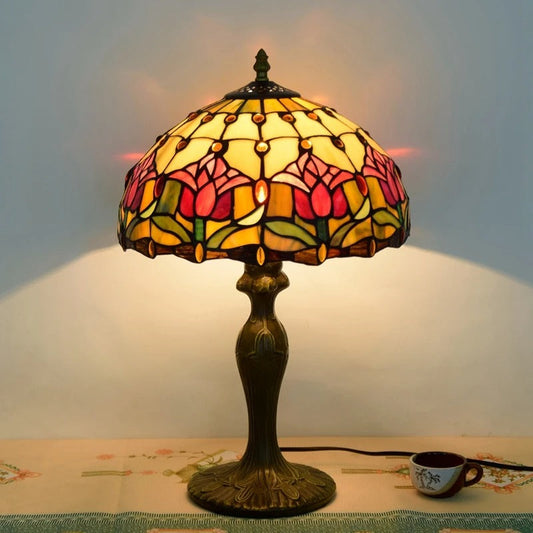 Lampe Tiffany Tulipe Royale en Vitrail Rouge et Or