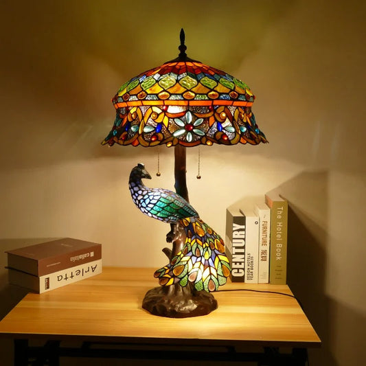 Lampe Tiffany Vintage Pied Paon en Verre et Métal