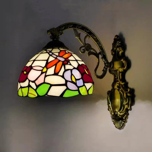 Applique Murale Tiffany Libellule et Fleurs en Vitrail