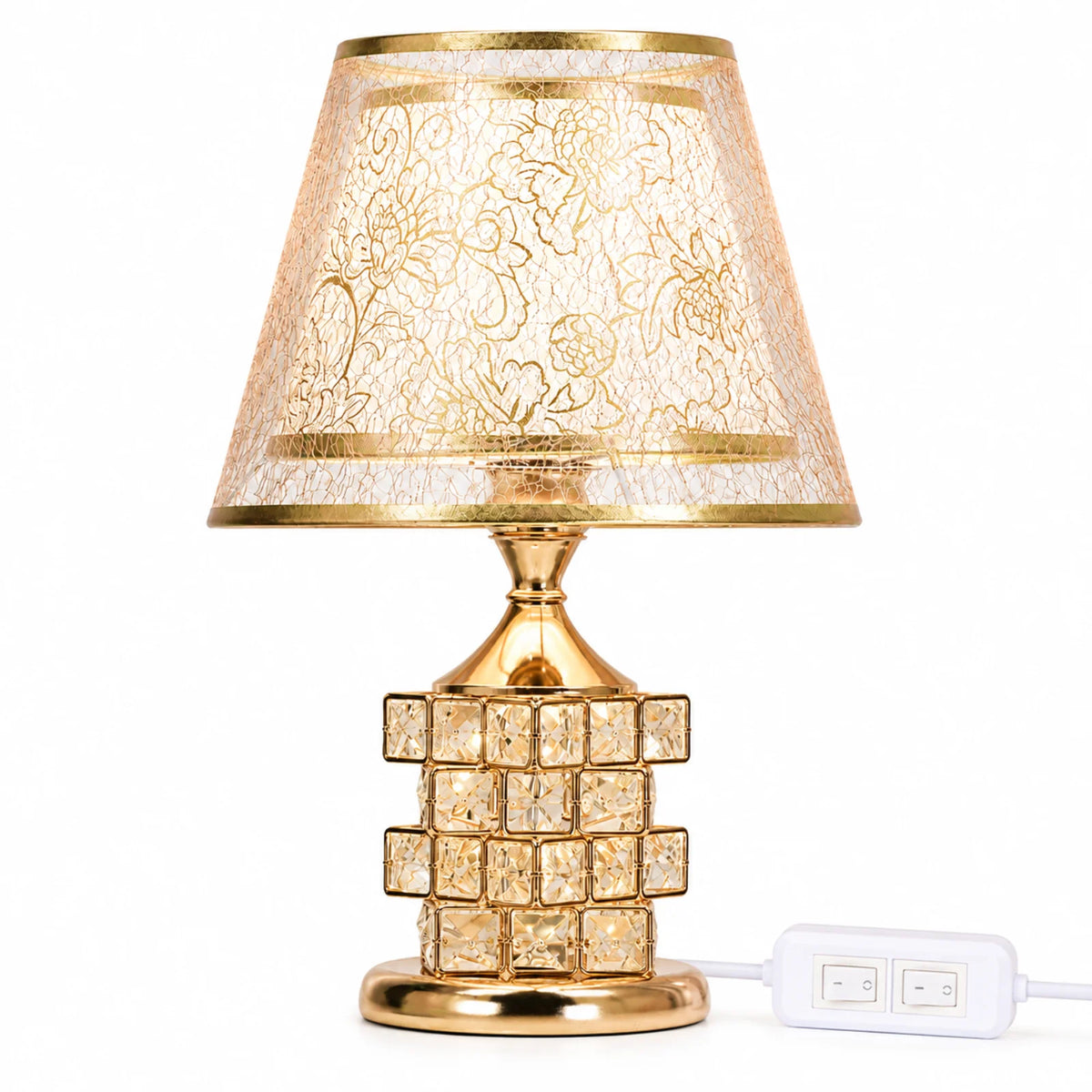 Lampe de Chevet Dorée Effet Cristal avec Abat-jour Fleuri – Ampoule LED Incluse