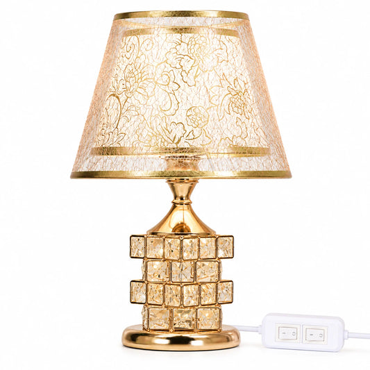 Lampe de Chevet Dorée Effet Cristal avec Abat-jour Fleuri – Ampoule LED Incluse