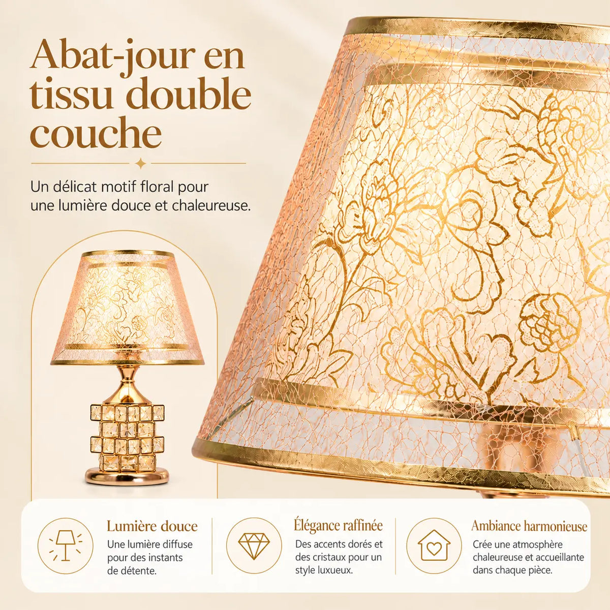 Lampe de Chevet Dorée Effet Cristal avec Abat-jour Fleuri – Ampoule LED Incluse