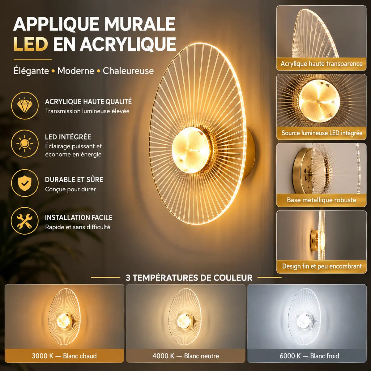 Applique Murale LED Acrylique Coquillage ou Vague – 3 Teintes, Style Art Déco
