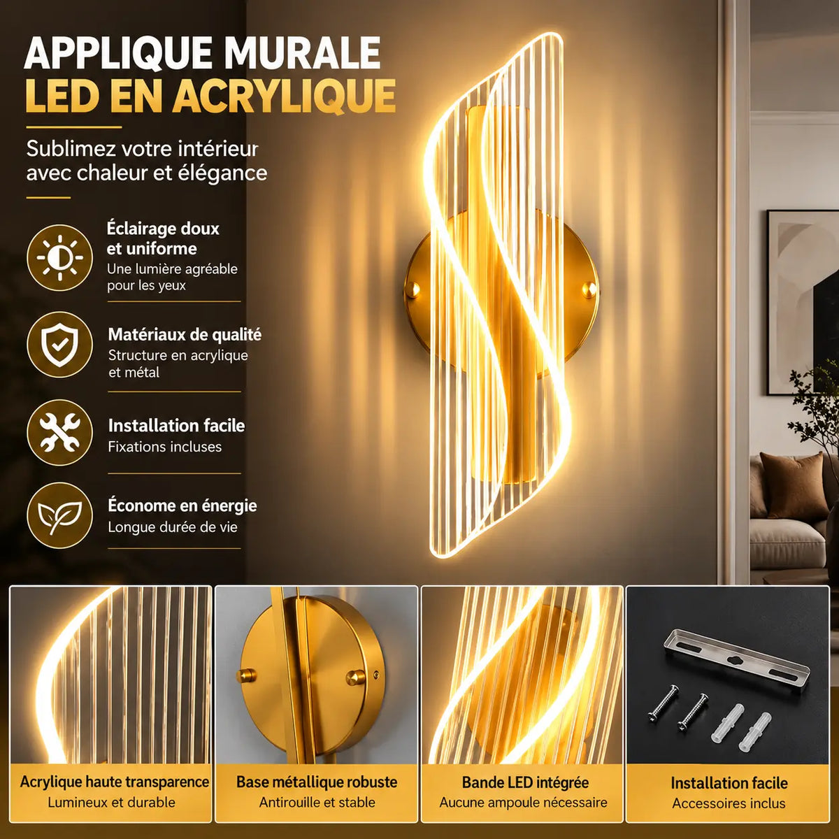 Applique Murale LED Acrylique Coquillage ou Vague – 3 Teintes, Style Art Déco