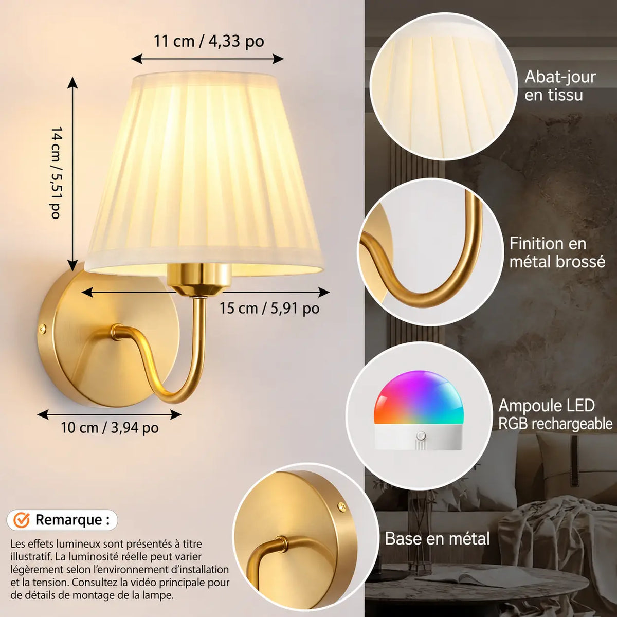 Applique Murale Sans Fil Rechargeable avec Télécommande – 15 Couleurs et Minuteur