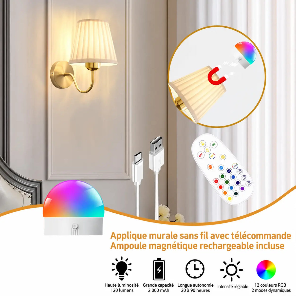 Applique Murale Sans Fil Rechargeable avec Télécommande – 15 Couleurs et Minuteur