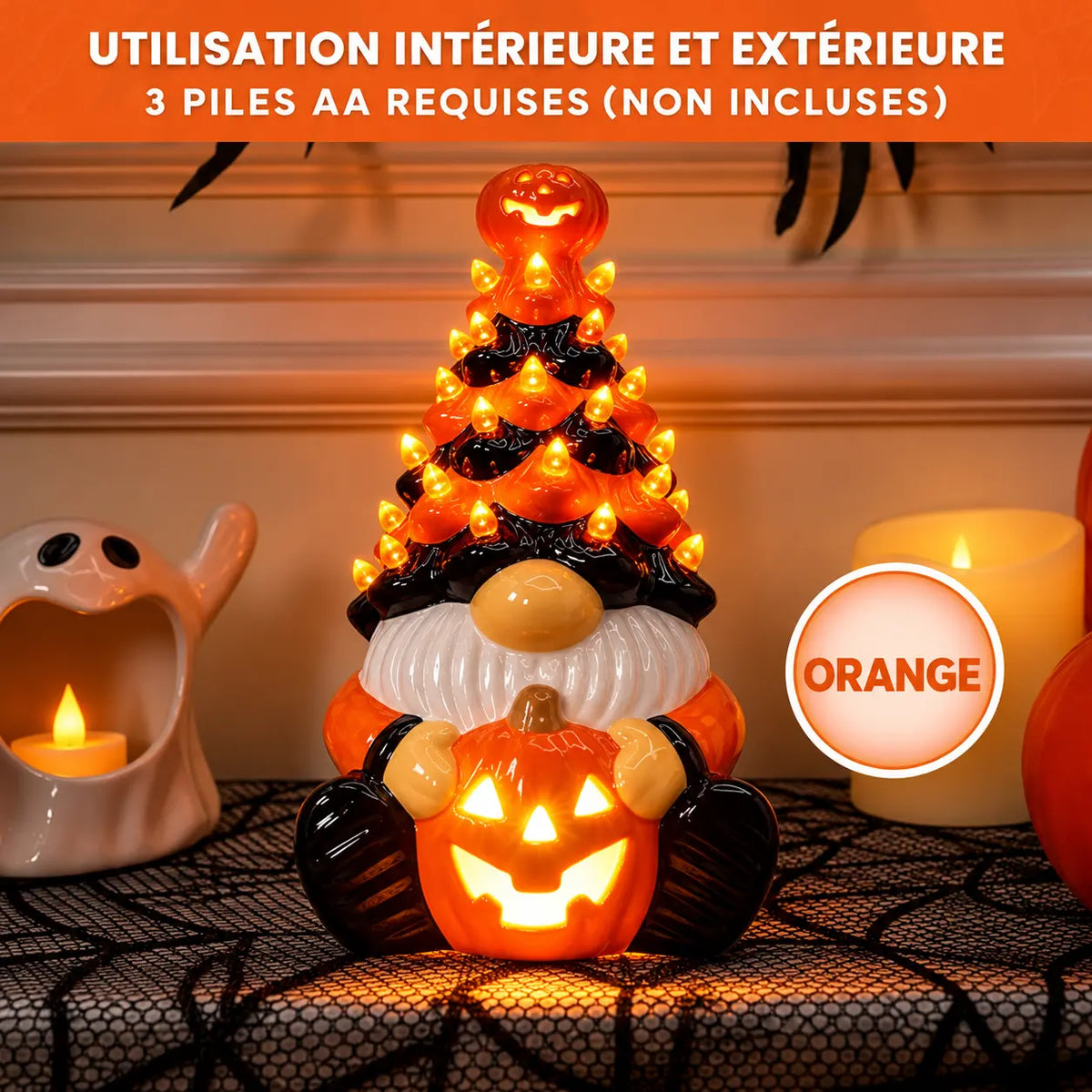 Lampe Gnome et Citrouille en Céramique – Lumière Orange à Piles