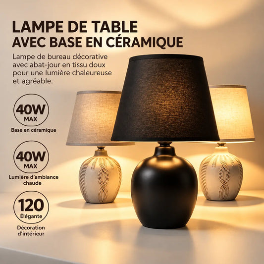 Petite Lampe de Chevet en Céramique Texturée et Abat-jour en Tissu