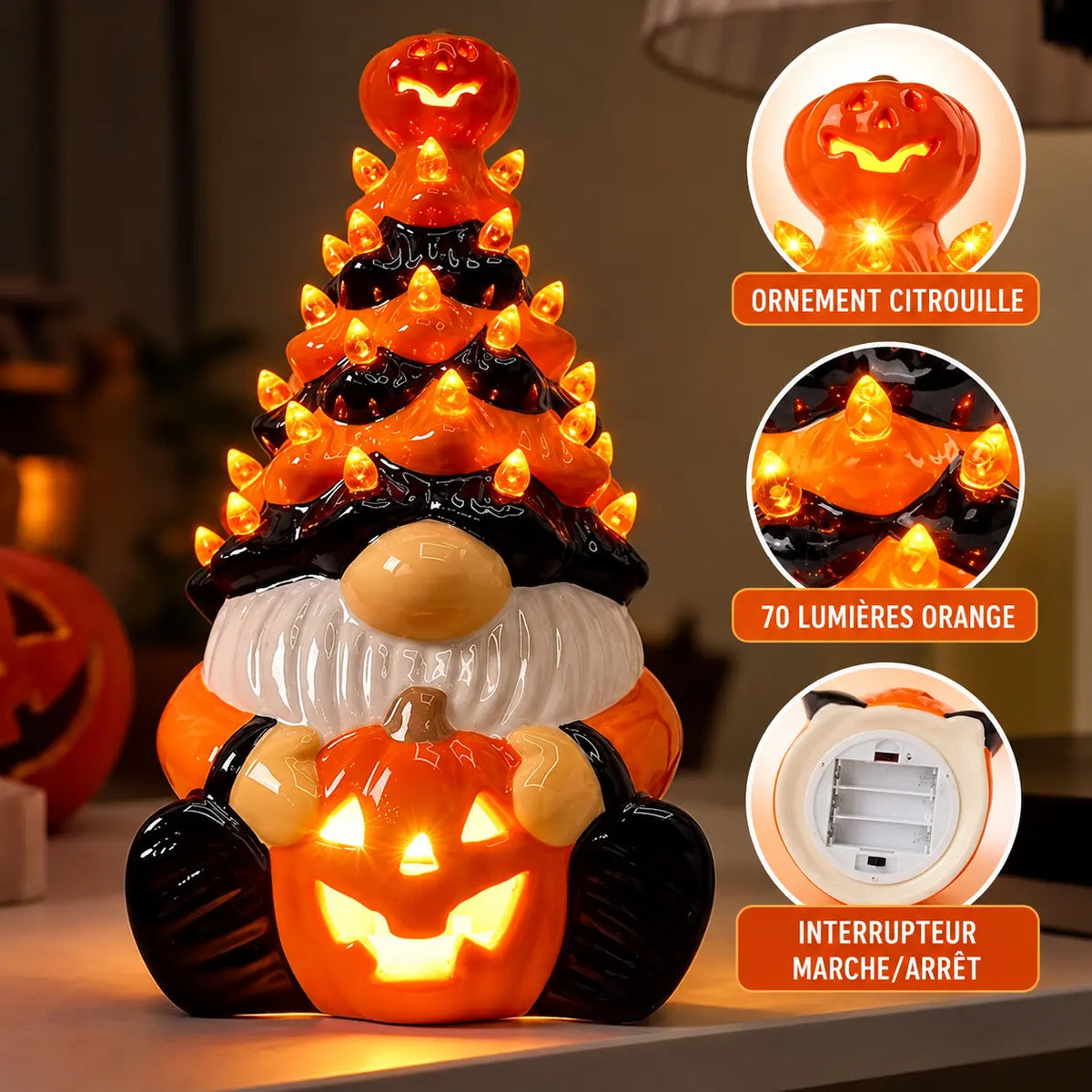 Lampe Gnome et Citrouille en Céramique – Lumière Orange à Piles