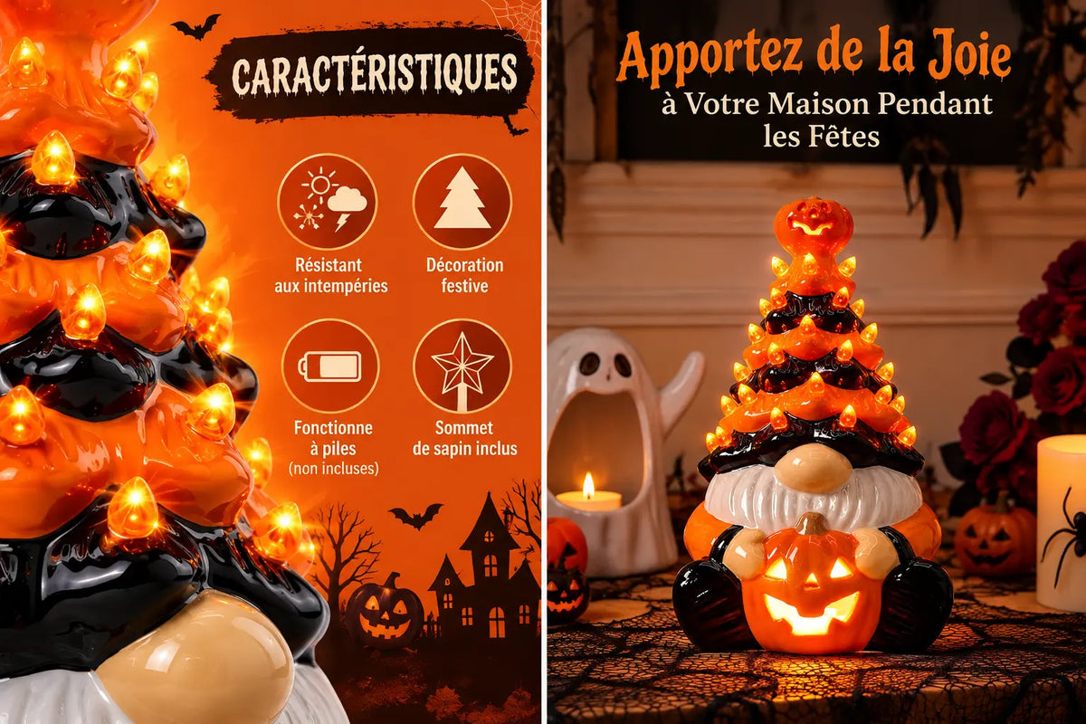 Lampe Gnome et Citrouille en Céramique – Lumière Orange à Piles