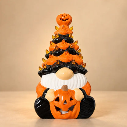 Lampe Gnome et Citrouille en Céramique – Lumière Orange à Piles
