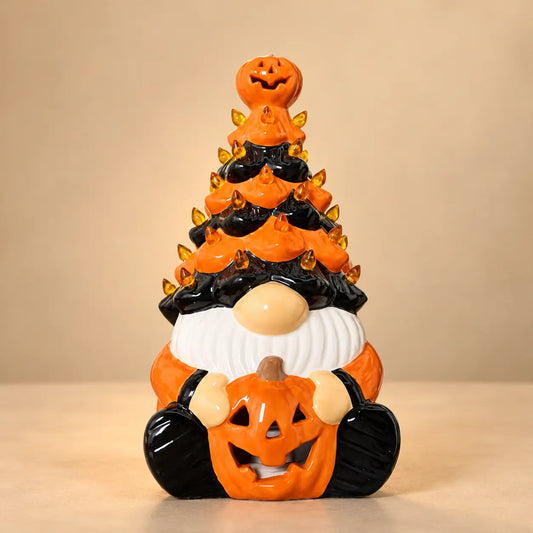 Lampe Gnome et Citrouille en Céramique – Lumière Orange à Piles