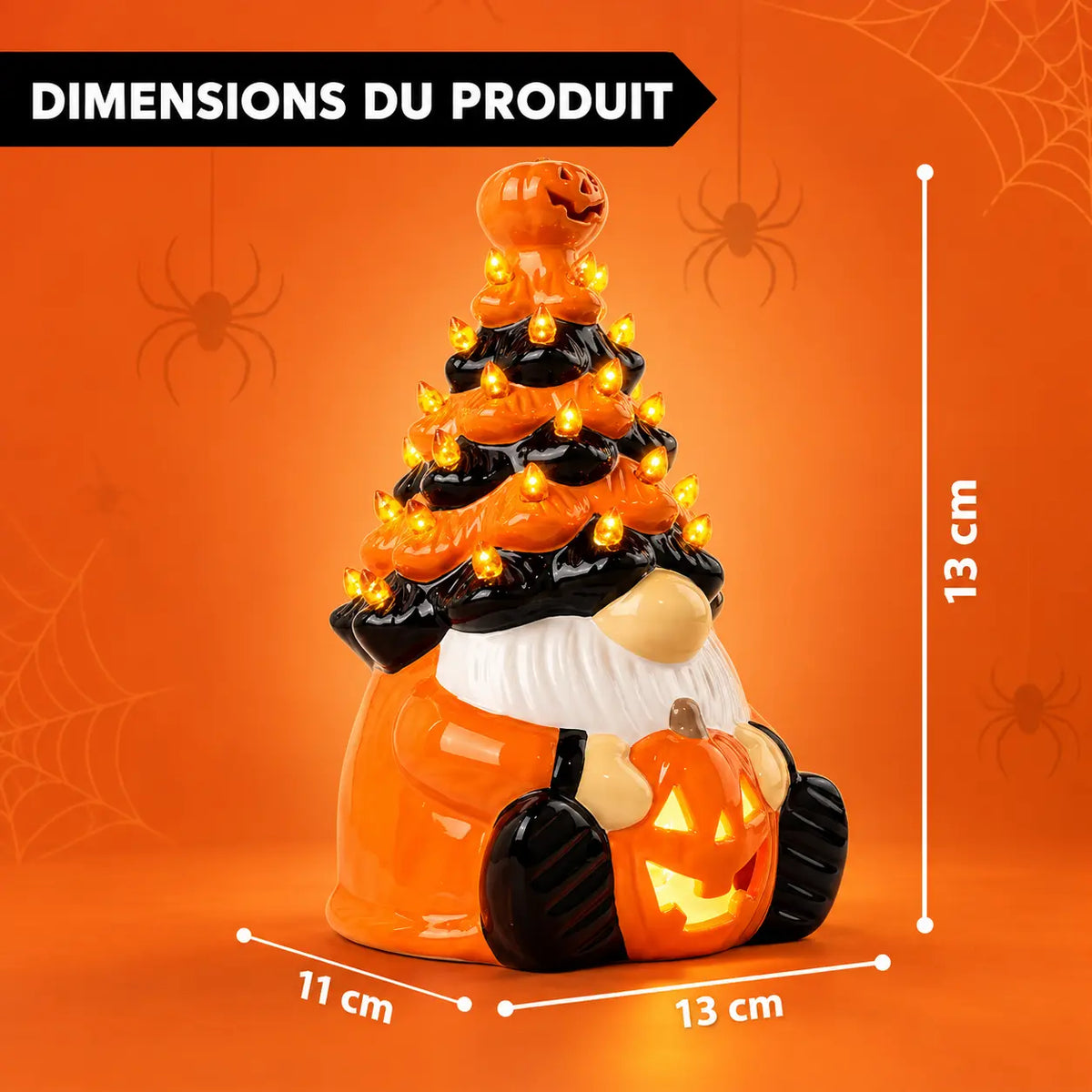 Lampe Gnome et Citrouille en Céramique – Lumière Orange à Piles
