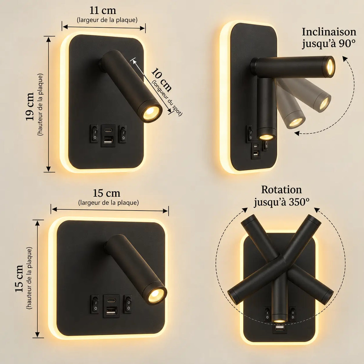 Applique Liseuse Murale LED avec Ports USB-C – Spot Orientable et Rétroéclairage