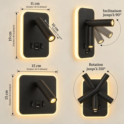 Applique Liseuse Murale LED avec Ports USB-C – Spot Orientable et Rétroéclairage