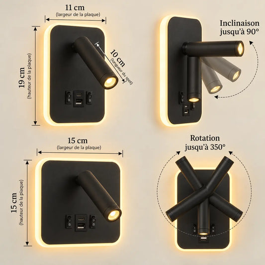 Applique Liseuse Murale LED avec Ports USB-C – Spot Orientable et Rétroéclairage