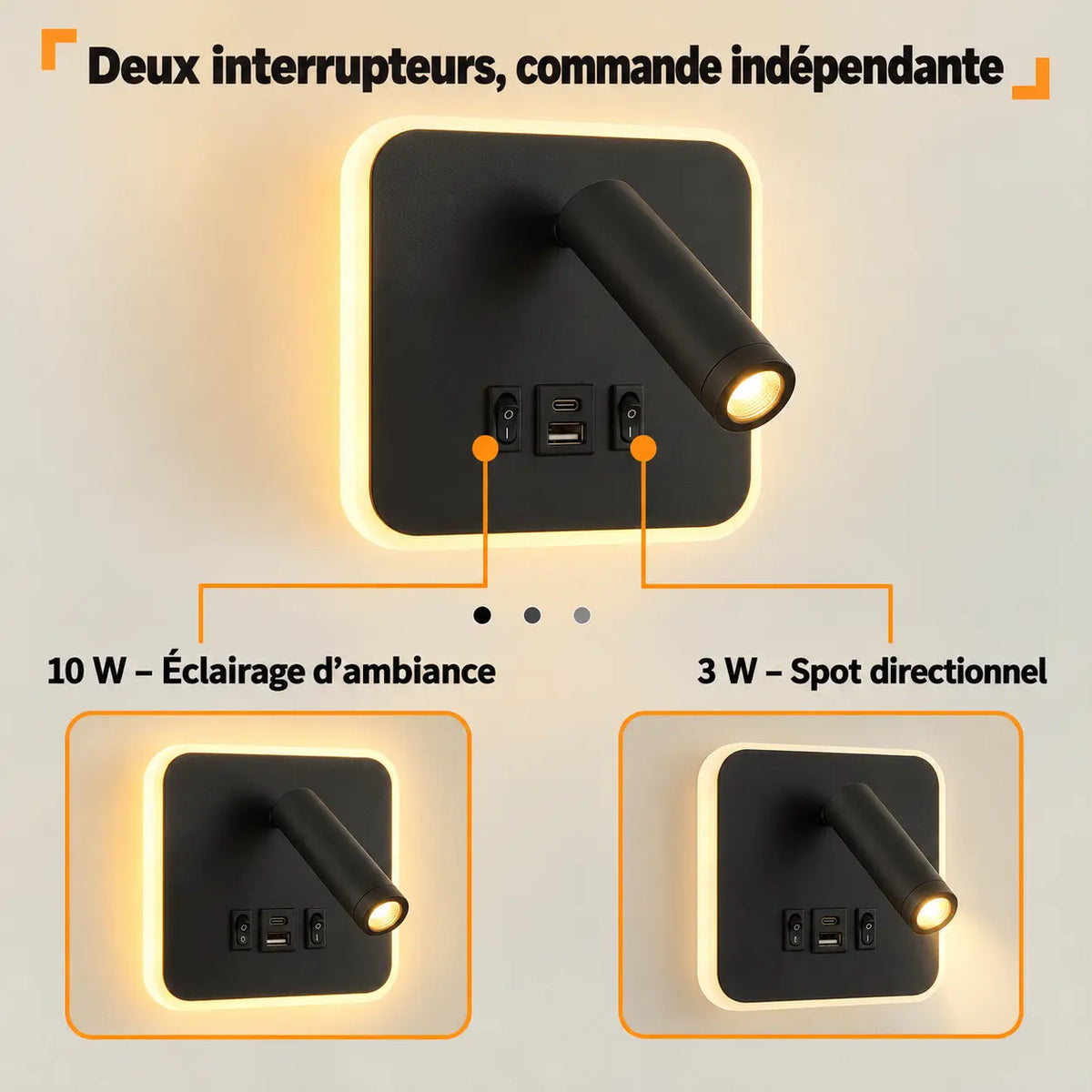 Applique Liseuse Murale LED avec Ports USB-C – Spot Orientable et Rétroéclairage