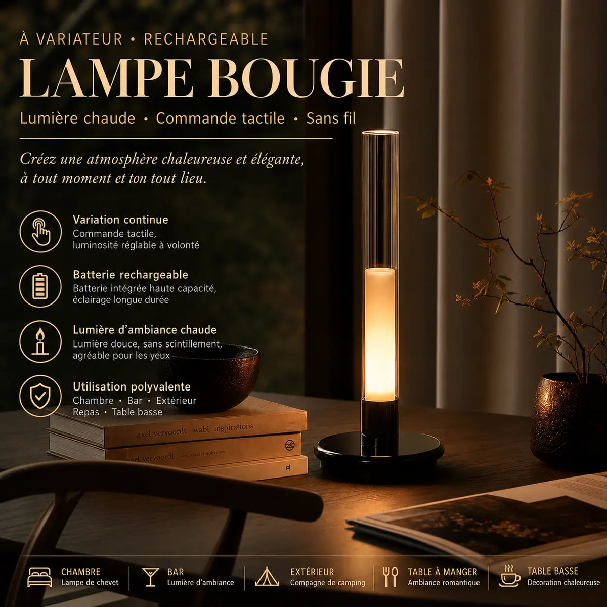Lampe Bougie Rechargeable Sans Fil – Lampe de Chevet Tactile Art Déco
