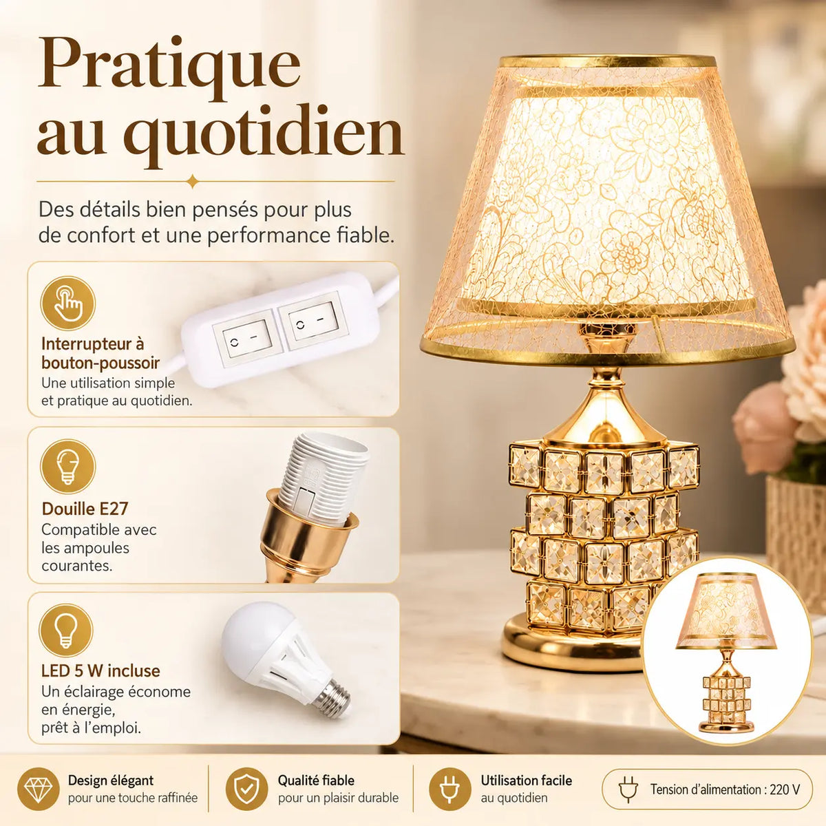 Lampe de Chevet Dorée Effet Cristal avec Abat-jour Fleuri – Ampoule LED Incluse