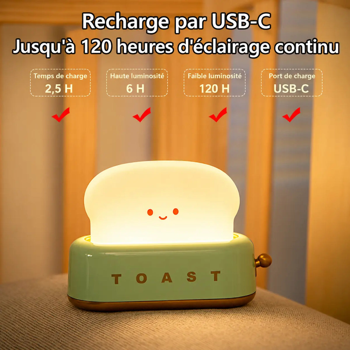 Veilleuse Grille-Pain Rechargeable – Lampe Toast Kawaii à Intensité Réglable