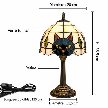 Lampe de Chevet Chat Noir avec Abat-jour en Vitrail – Style Tiffany