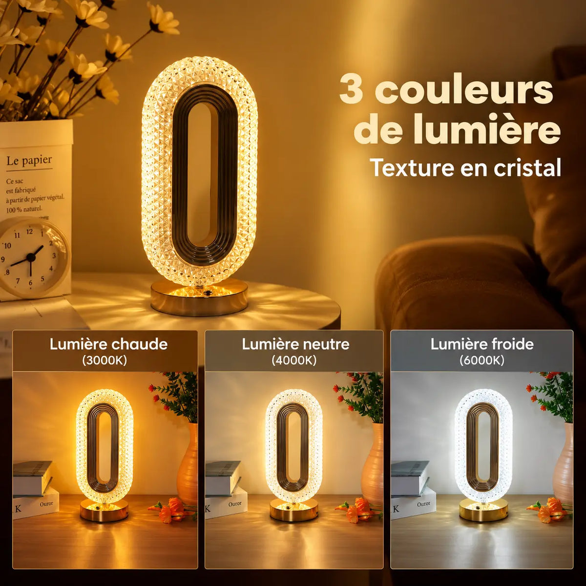 Lampe Ovale Rechargeable Dorée – Lampe de Chevet Tactile à Intensité Réglable