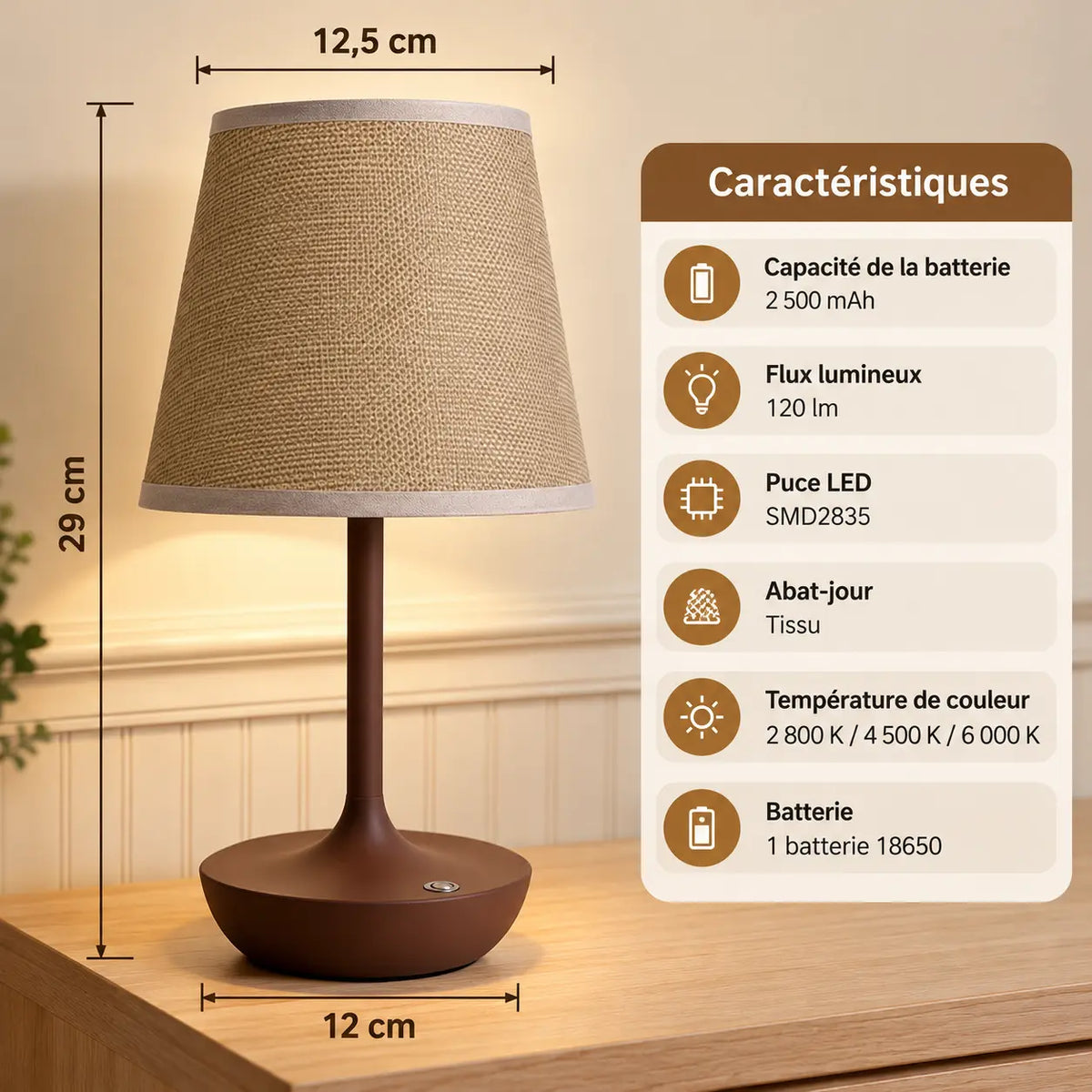 Lampe de Chevet Rétro Rechargeable avec Abat-jour en Tissu – Tactile 3 Teintes