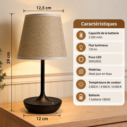 Lampe de Chevet Rétro Rechargeable avec Abat-jour en Tissu – Tactile 3 Teintes