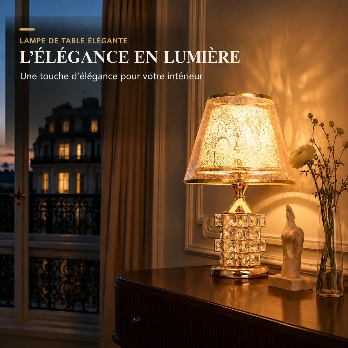 Lampe de Chevet Dorée Effet Cristal avec Abat-jour Fleuri – Ampoule LED Incluse