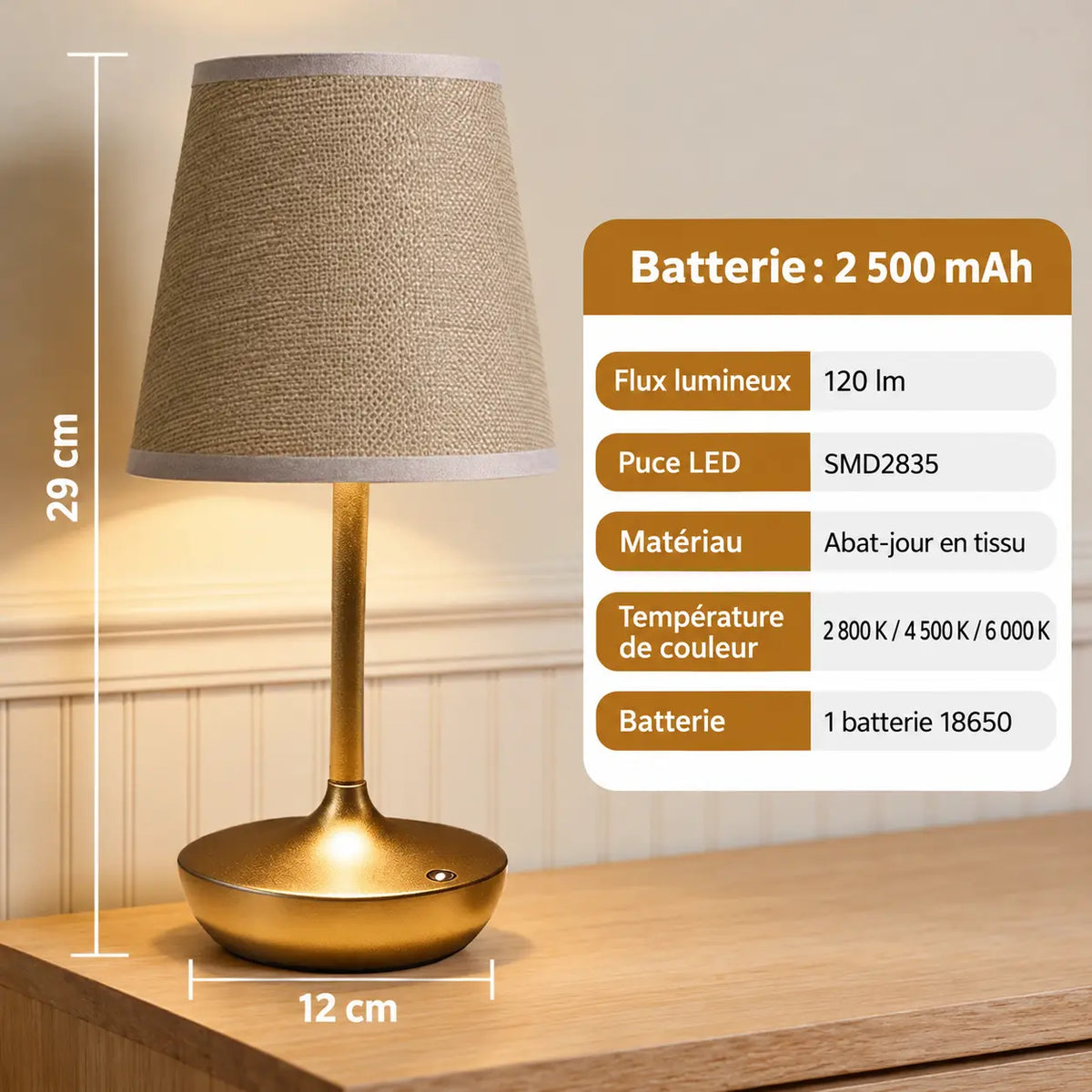 Lampe de Chevet Rétro Rechargeable avec Abat-jour en Tissu – Tactile 3 Teintes