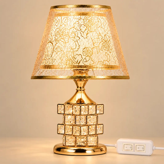Lampe de Chevet Dorée Effet Cristal avec Abat-jour Fleuri – Ampoule LED Incluse