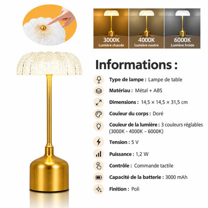 Lampe de Chevet Rétro Rechargeable Effet Laiton – Tactile, 3000 mAh