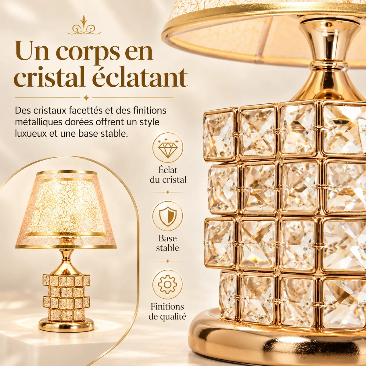Lampe de Chevet Dorée Effet Cristal avec Abat-jour Fleuri – Ampoule LED Incluse