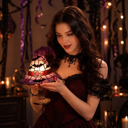 Lampe Chapeau de Sorcière Effet Vitrail – Veilleuse Halloween USB