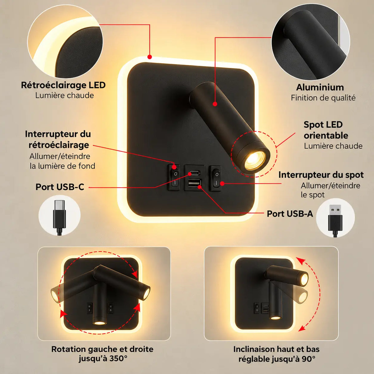 Applique Liseuse Murale LED avec Ports USB-C – Spot Orientable et Rétroéclairage