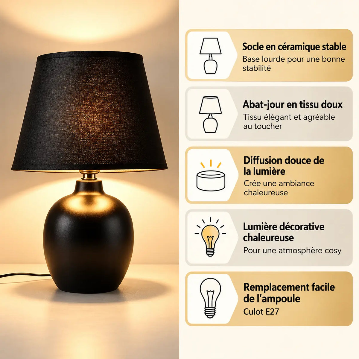 Petite Lampe de Chevet en Céramique Texturée et Abat-jour en Tissu
