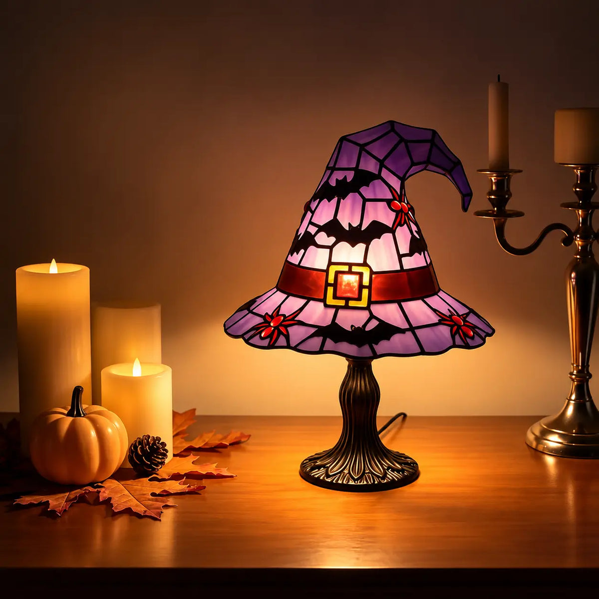 Lampe Chapeau de Sorcière Effet Vitrail – Veilleuse Halloween USB