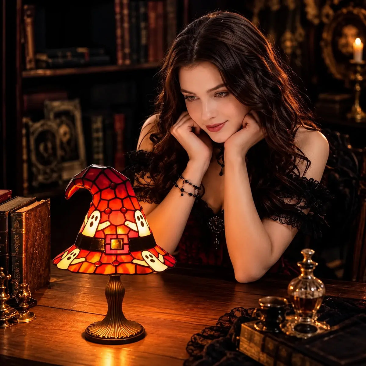 Lampe Chapeau de Sorcière Effet Vitrail – Veilleuse Halloween USB