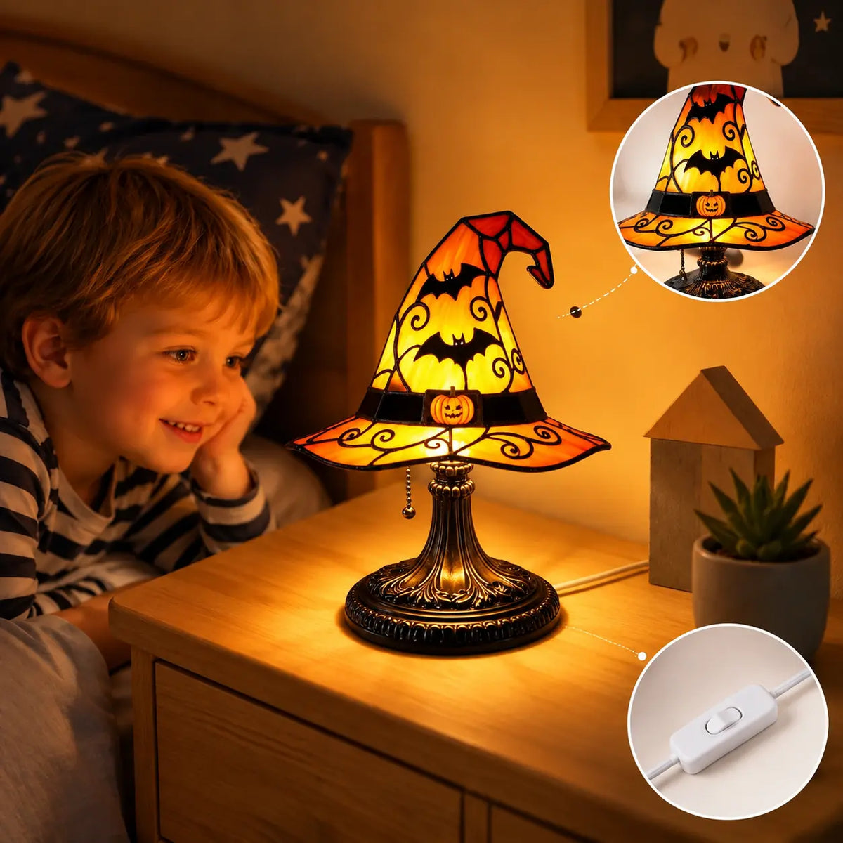 Lampe Chapeau de Sorcière Effet Vitrail – Veilleuse Halloween USB